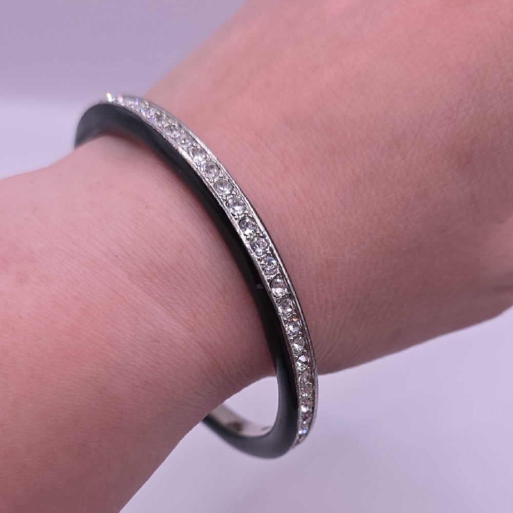 Elegant Black Glass and Silvertone Eternity Crystal Bangle Bracelet